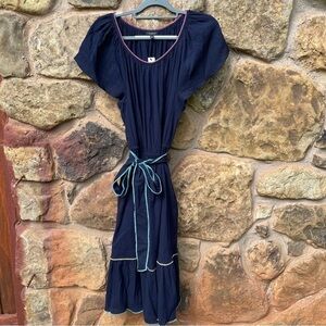 Talbots Navy Cotton Midi Ruffle Color Stitch Dress